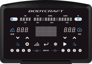 Close-up view of the Bodycraft T500 treadmill Touch LED console showing high-contrast workout metrics and quick-touch speed hotkeys