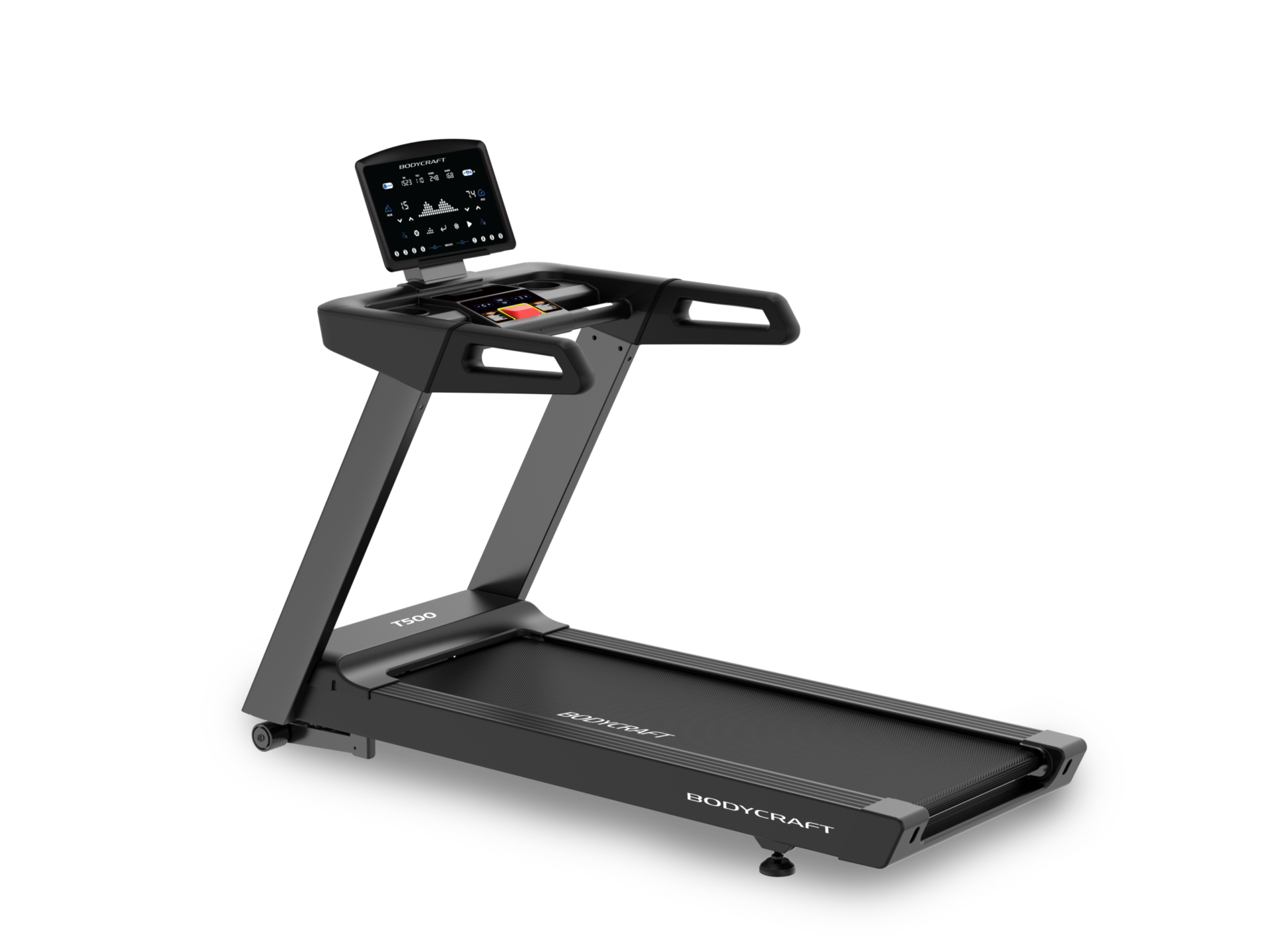Full view of the Bodycraft T500 commercial-grade treadmill featuring a heavy-duty steel frame and spacious running deck