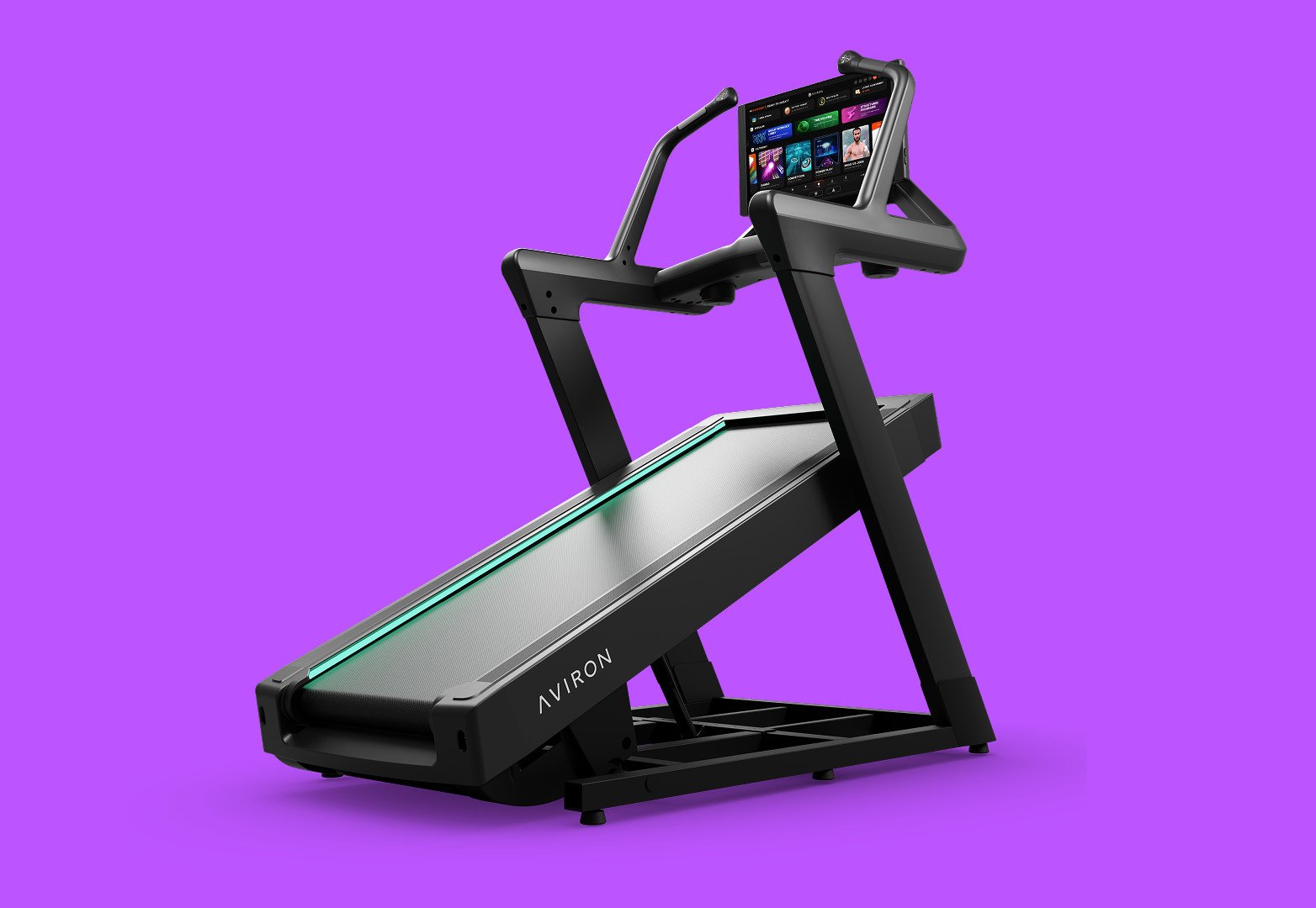 Hero view of the Aviron Summit smart incline treadmill featuring a steep incline deck, HD touchscreen display, and sturdy side handrails