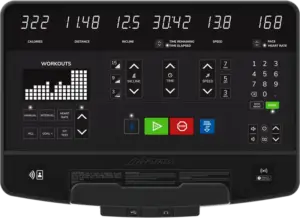 Close-up of the Life Fitness Atmos SL LED console and workout controls