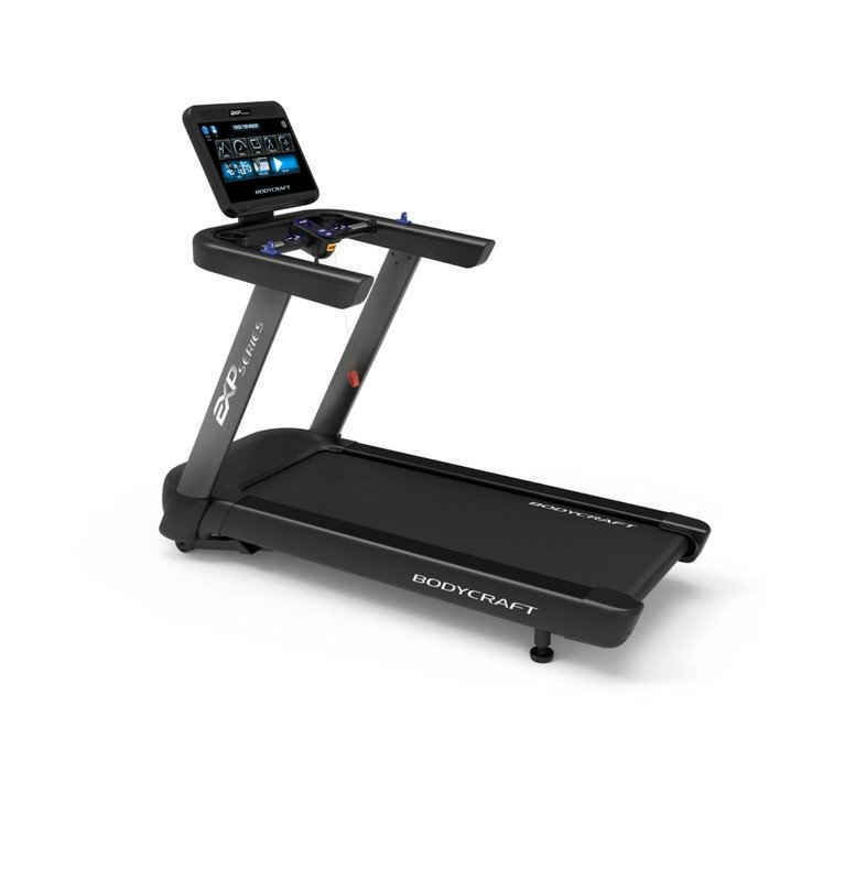 BODYCRAFT T1100 treadmill angled side view showing the running deck, handrails, and touchscreen console.