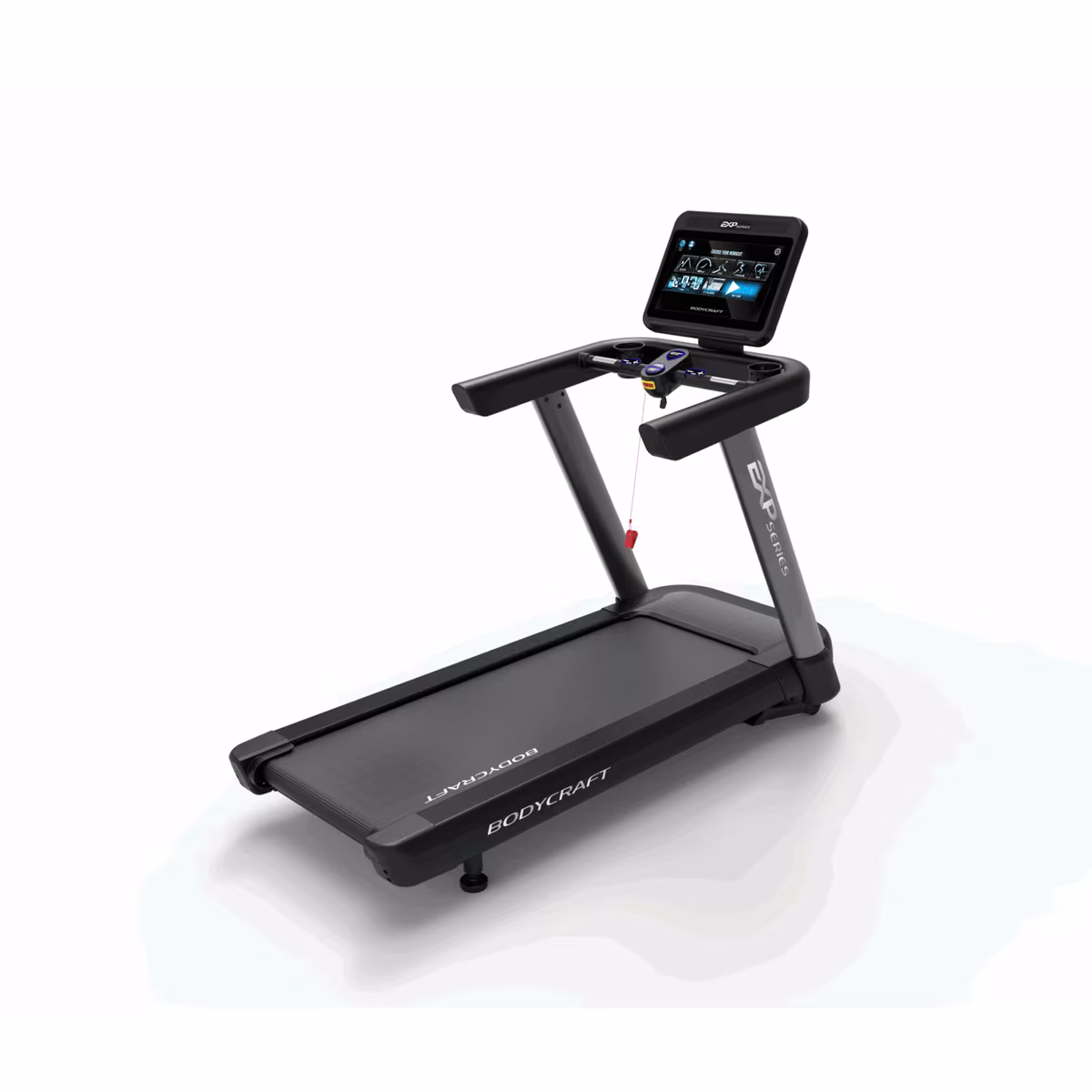 BODYCRAFT T900 treadmill rear three-quarter view looking along the running belt toward the touchscreen console.