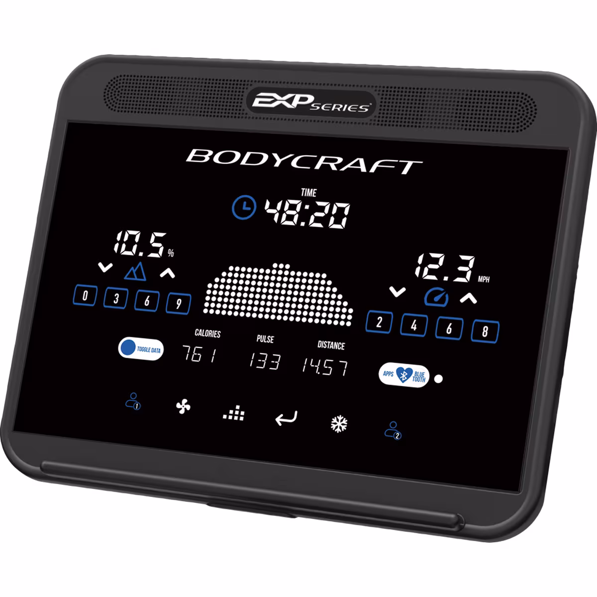 BODYCRAFT Touch LED treadmill console displaying speed, incline, time, distance, calories, and pulse.