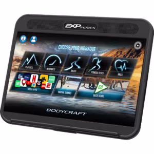 BODYCRAFT treadmill touchscreen console showing workout categories, media apps, virtual scenes, and Quick Start.